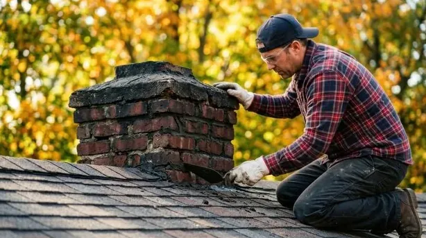 Mason on a South Shore roof repairing the cracked crown and top bricks of a chimney