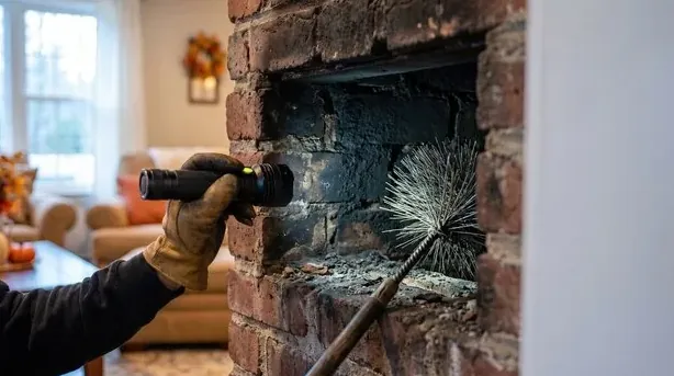 Technician shining a flashlight into a fireplace firebox during a chimney inspection