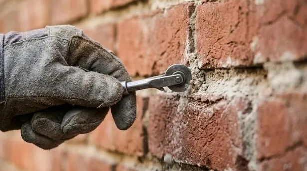 Mortar joint being tooled on brick with a jointer